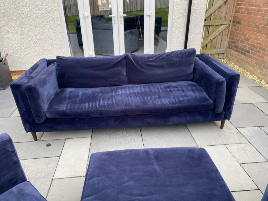 Sofa Workshop dark blue velvet 3 seater sofa + cuddle chair + chair + footstool.
