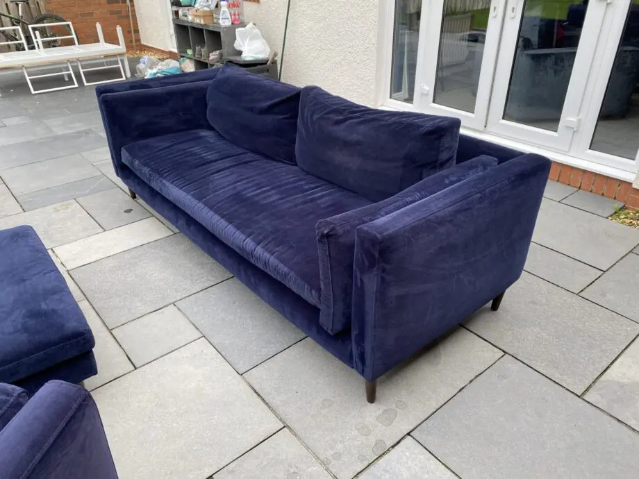 Sofa Workshop dark blue velvet 3 seater sofa + cuddle chair + chair + footstool.