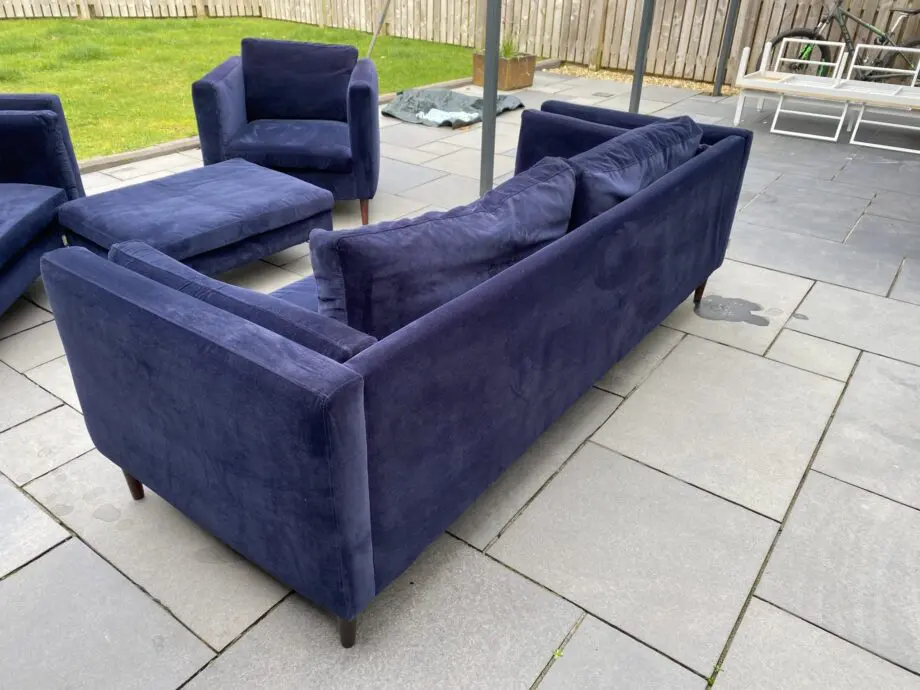 Sofa Workshop dark blue velvet 3 seater sofa + cuddle chair + chair + footstool.