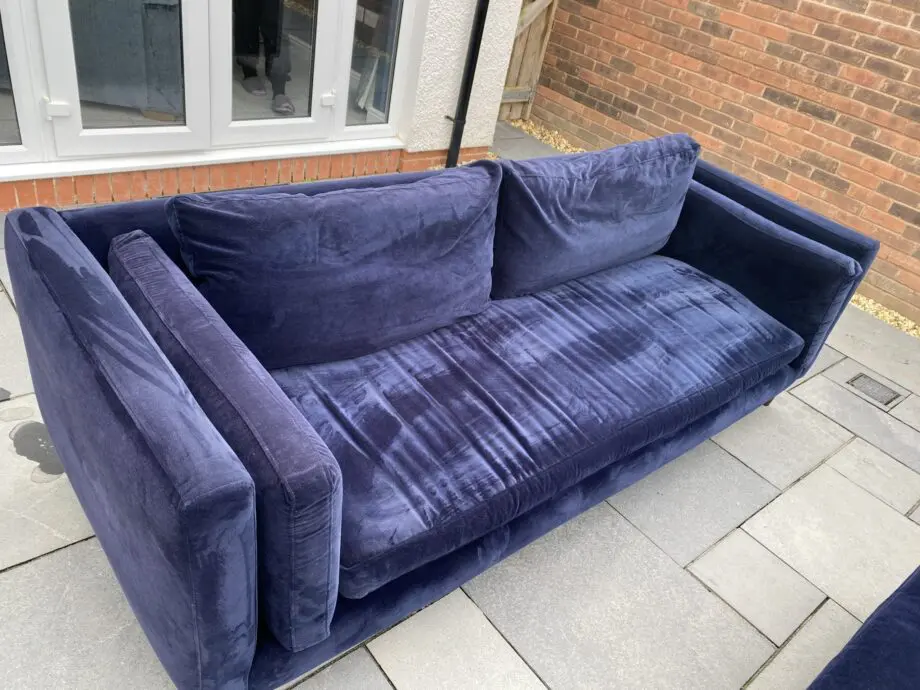 Sofa Workshop dark blue velvet 3 seater sofa + cuddle chair + chair + footstool.