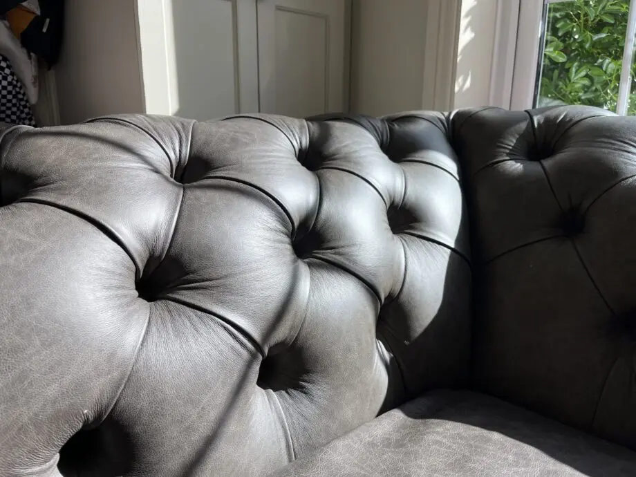 Light grey calves leather chesterfield. hand made by Distinctive Chesterfields London