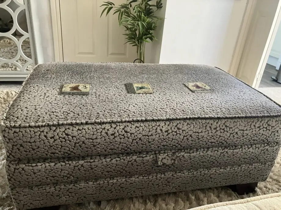 Stokers 4 & 3 seater sofas and ottoman grey velvet