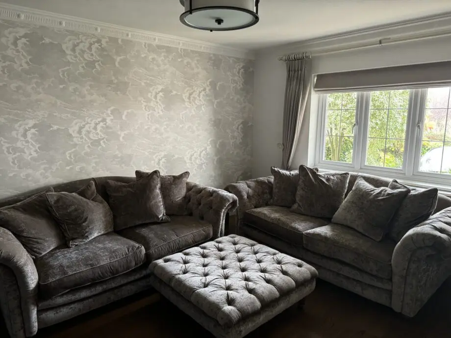Two Country living Loch Leven Pillow Back 3-Seater Sofas and Large Button Footstool