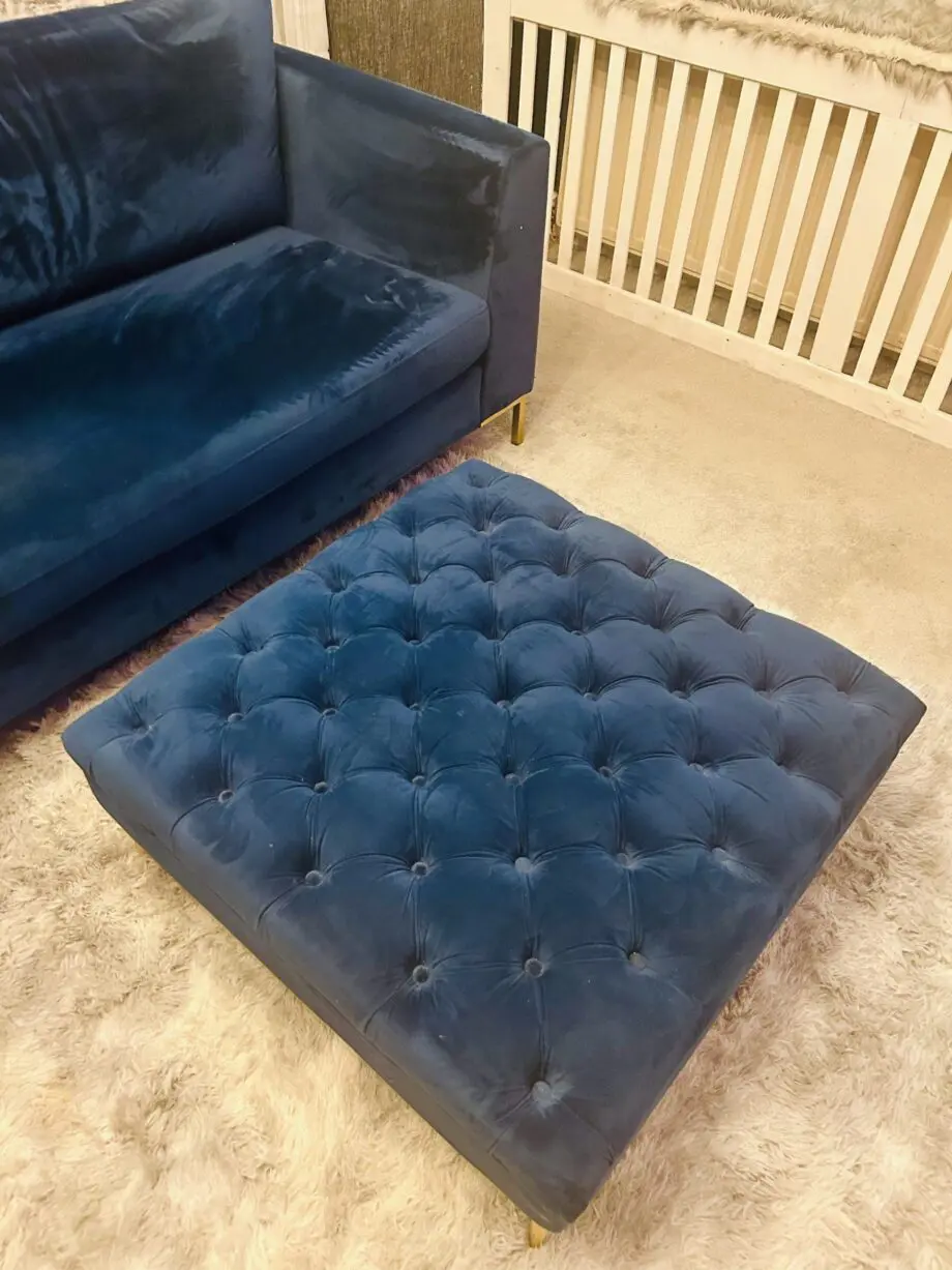 Blue velvet chaise corner sofa with ottoman