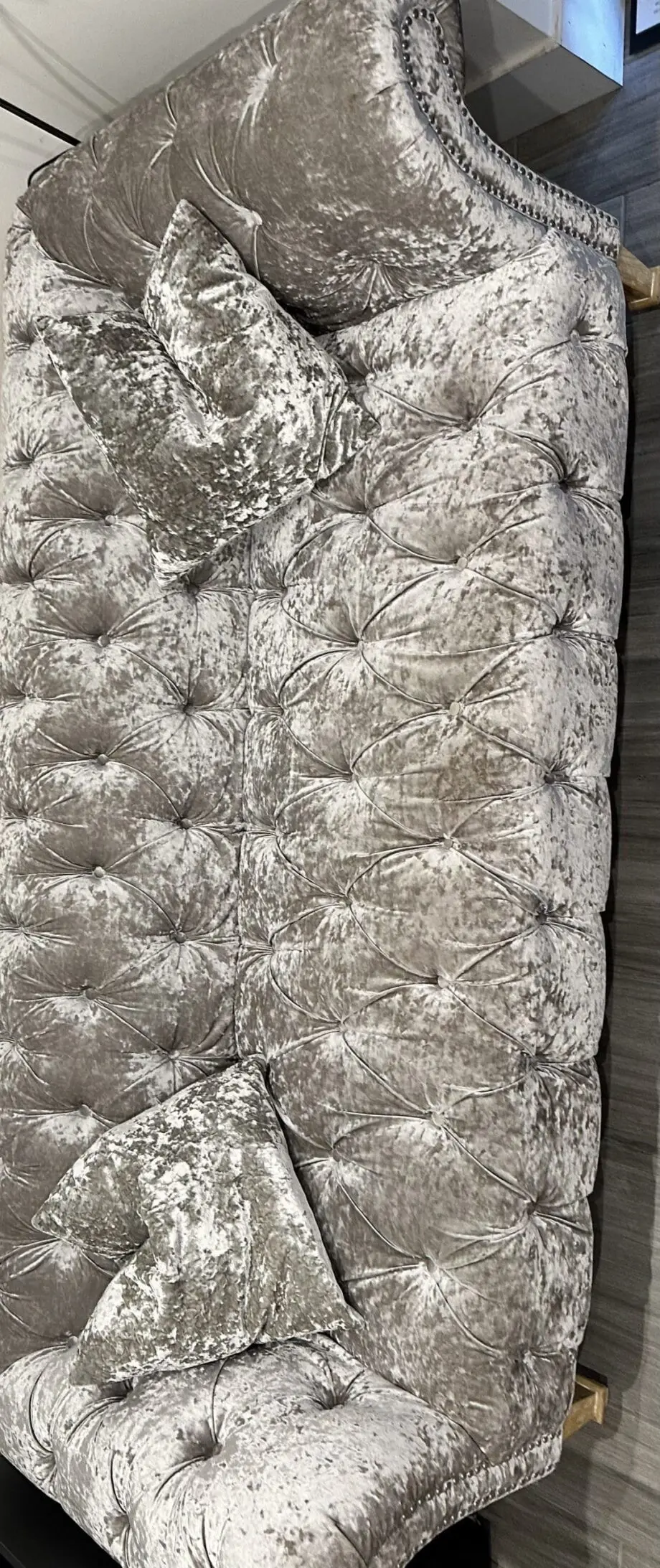 Silver Velvet Chesterfield type 3 seater sofa with wood legs