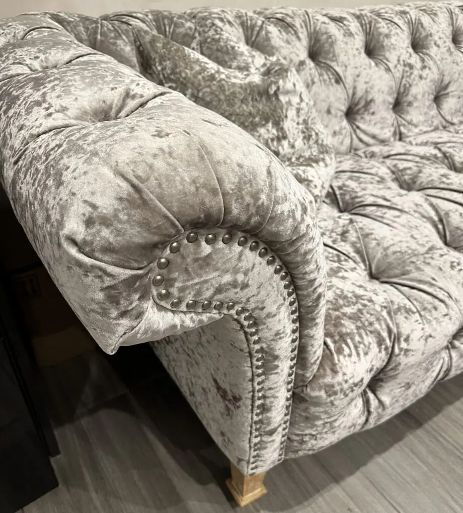 Silver Velvet Chesterfield type 3 seater sofa with wood legs