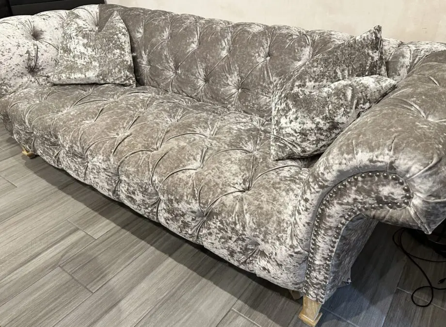 Silver Velvet Chesterfield type 3 seater sofa with wood legs