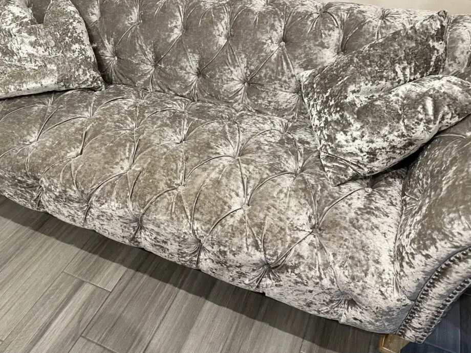 Silver Velvet Chesterfield type 3 seater sofa with wood legs