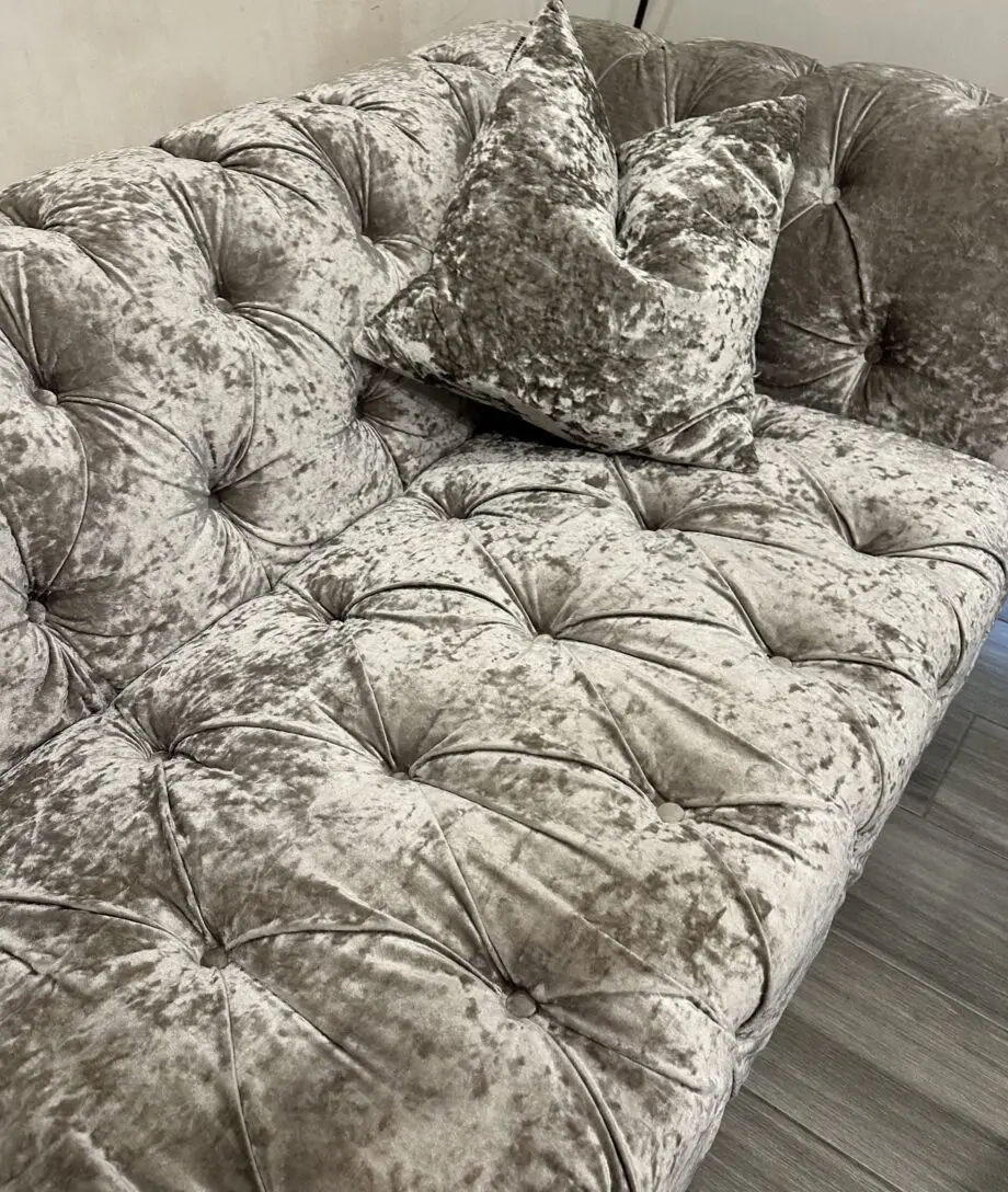 Silver Velvet Chesterfield type 3 seater sofa with wood legs