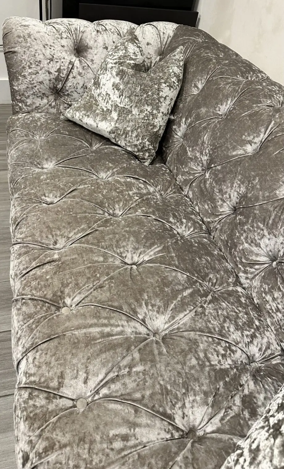 Silver Velvet Chesterfield type 3 seater sofa with wood legs