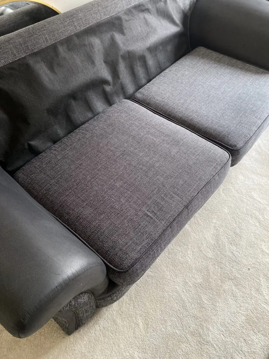SCS grey 3 seater sofa with black leather arms