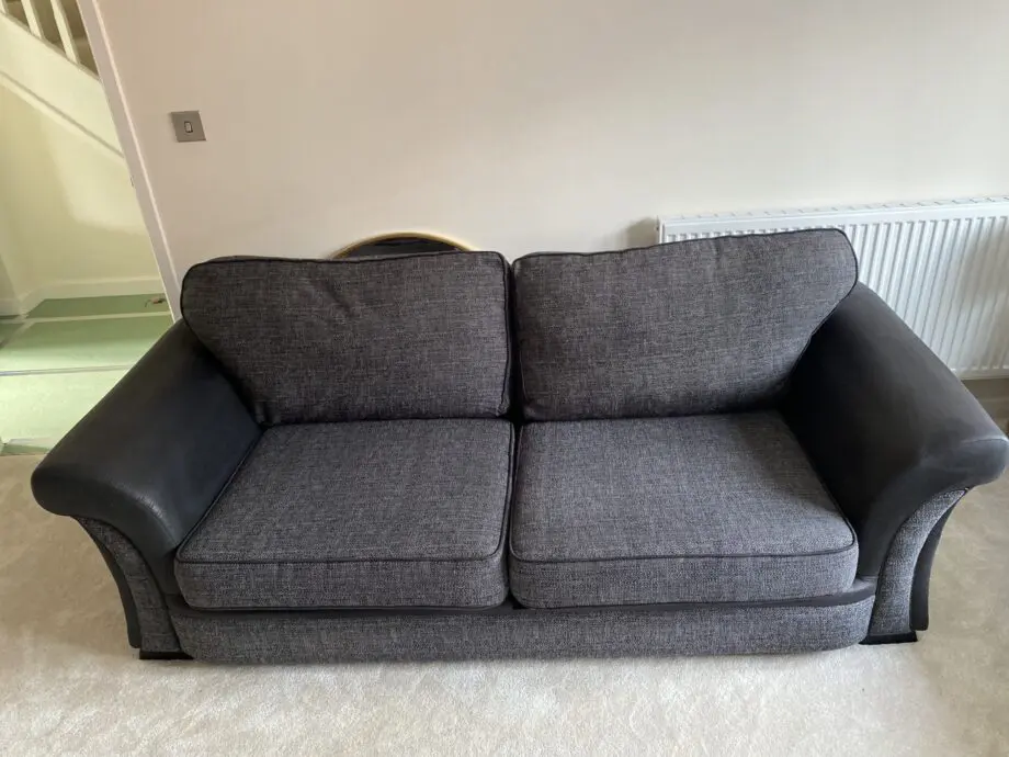 SCS grey 3 seater sofa with black leather arms