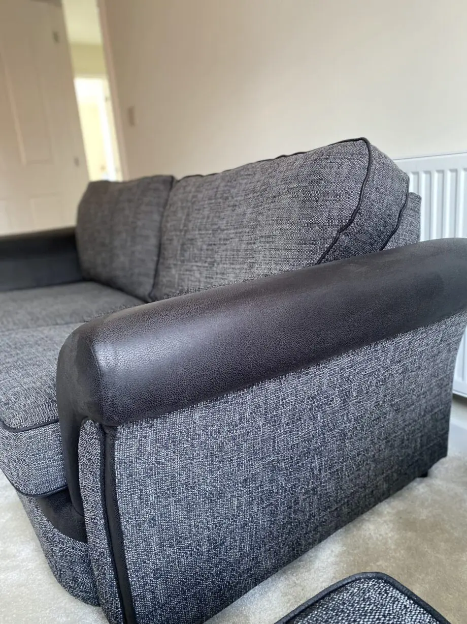 SCS grey 3 seater sofa with black leather arms