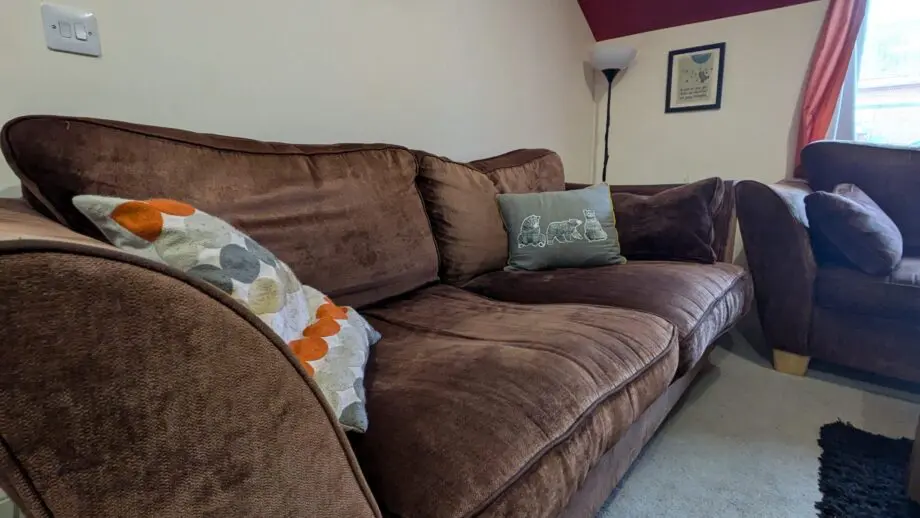 2-seater and 3-seater brown sofa pair for sale