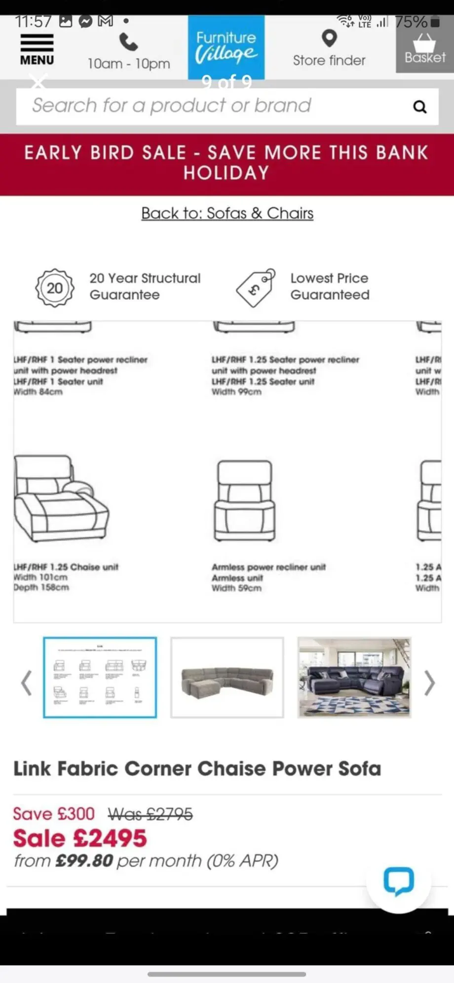 Cinema Fabric Corner Chaise Power Sofa + foot stool