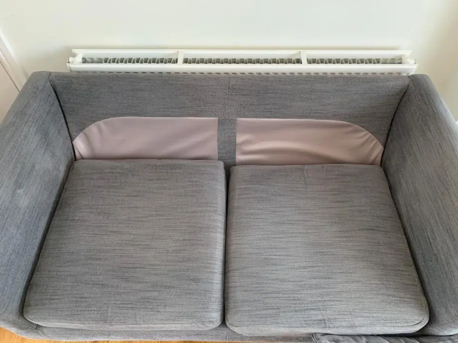 Grey IKEA sofa, armchair, and footstool