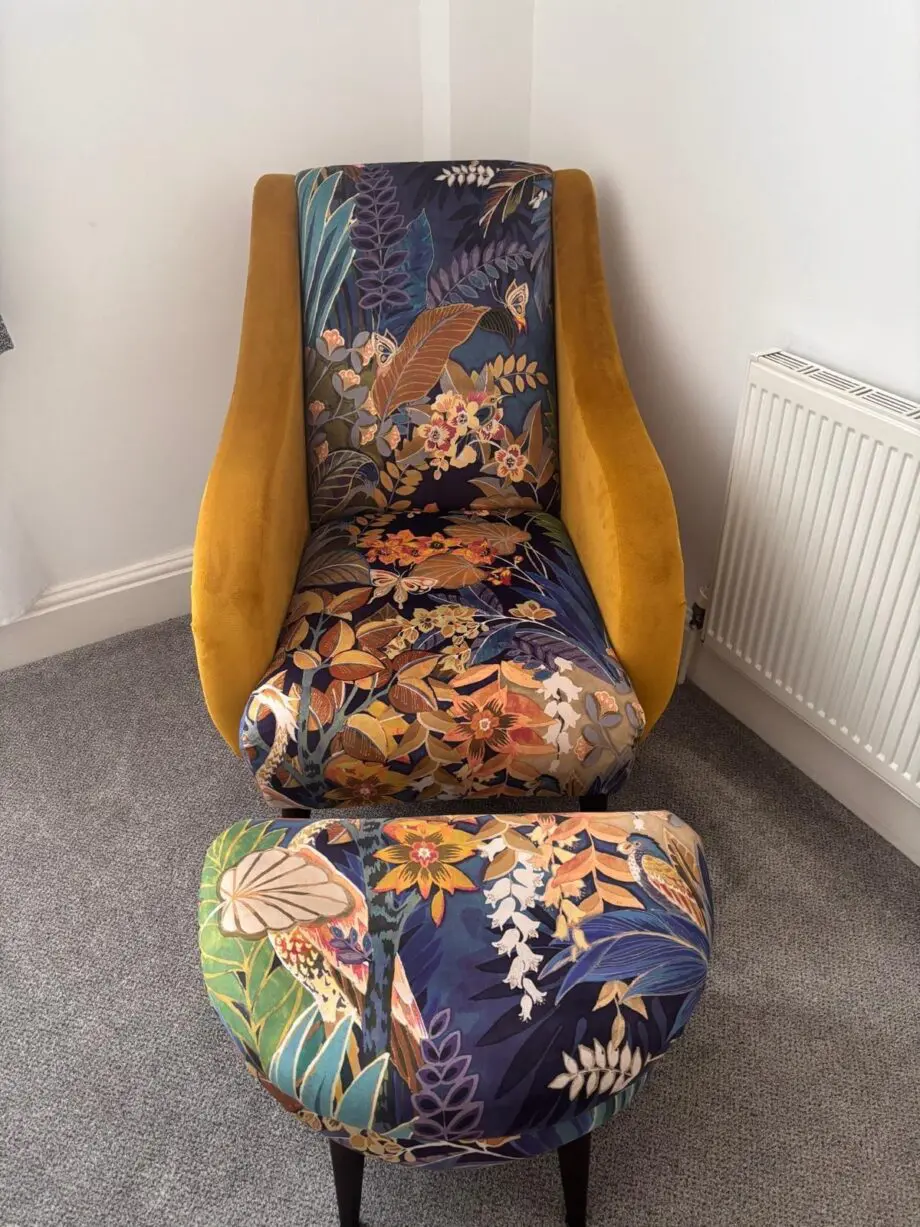 Furniture Village Bird and Floral Armchair with Matching Footstool in Mustard – Excellent Condition