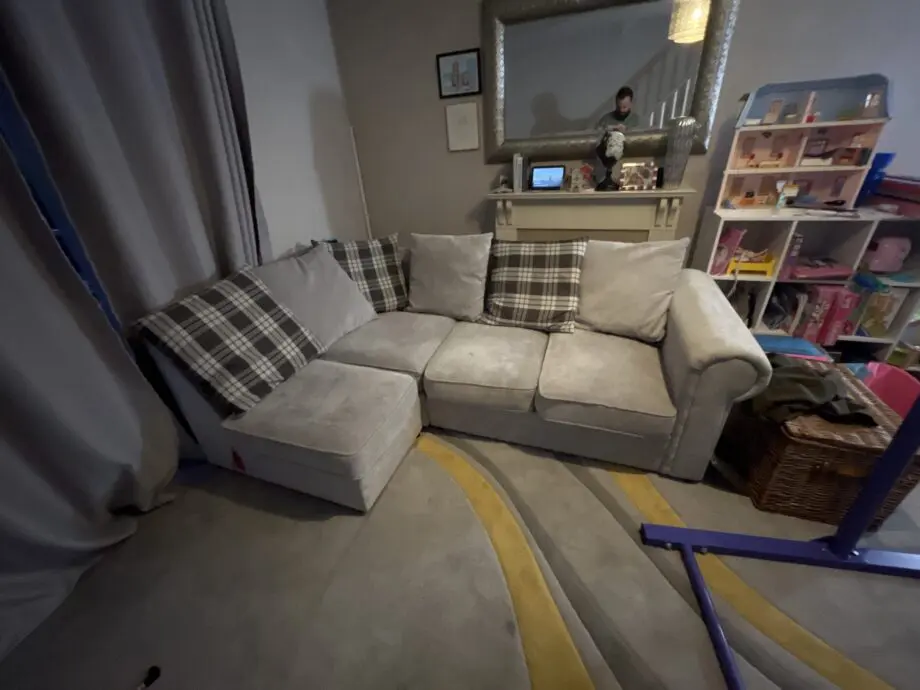 Right angle corner sofa light grey from Love sofas.