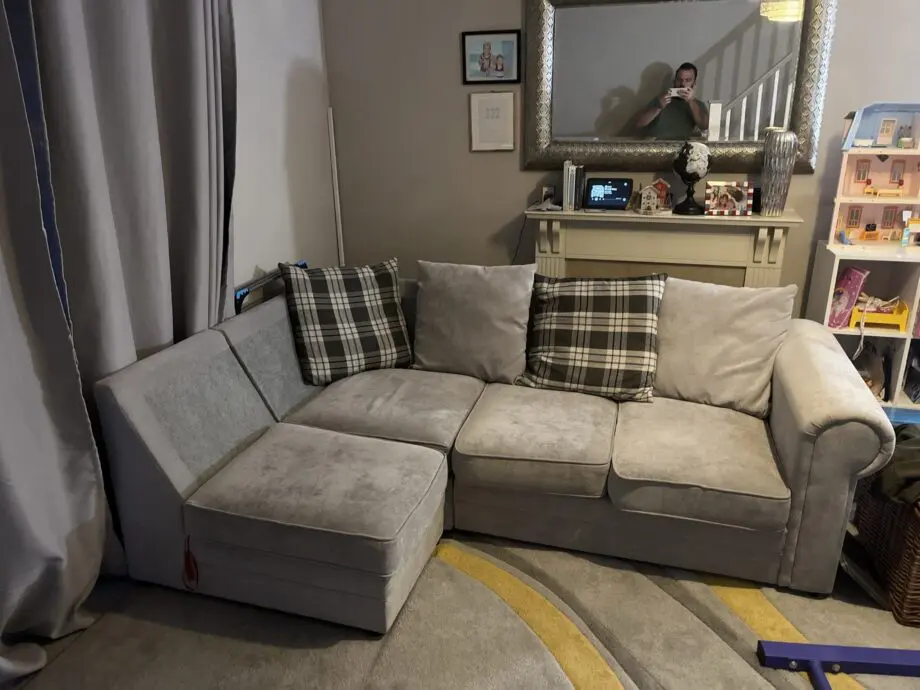 Right angle corner sofa light grey from Love sofas.