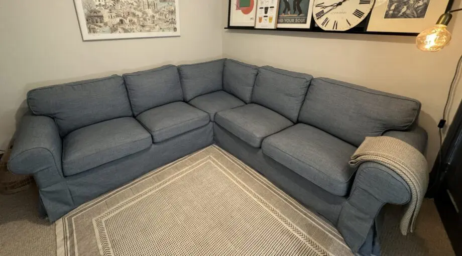 IKEA EKTORP Corner sofa with custom blue cover from Comfortworks