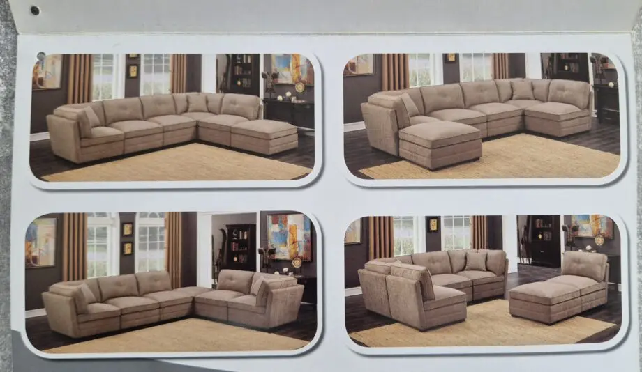 Beige Brown Fabric Modular Set 6 Piece Sofa Chair Footstool