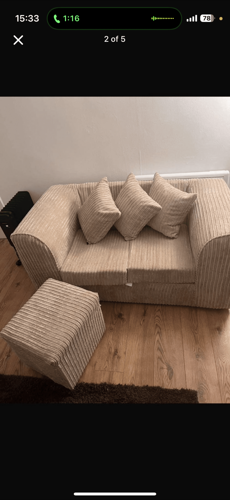 2 seater sofa x2 Camel Brown + 2 matching footstools