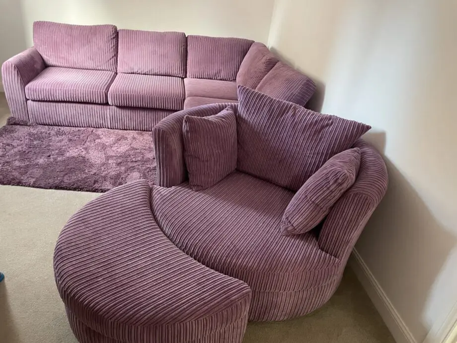 DFS Fabric 3-4 seaters Corner Sofa + Swivel snuggle chair with footstool - 1 year