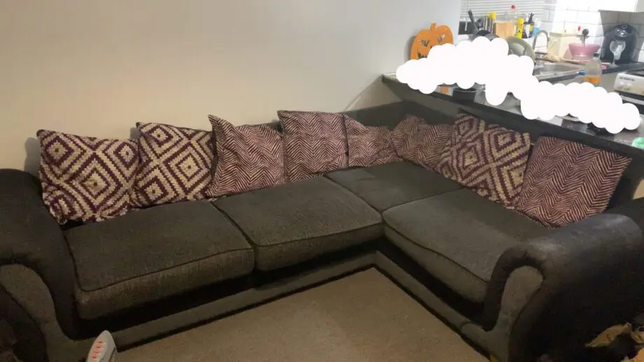 DFS purple and grey corner sofa and cuddle chair