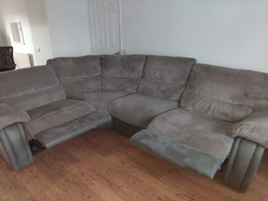 Harveys Arlington corner sofa storm/grey corduroy / manual recliner