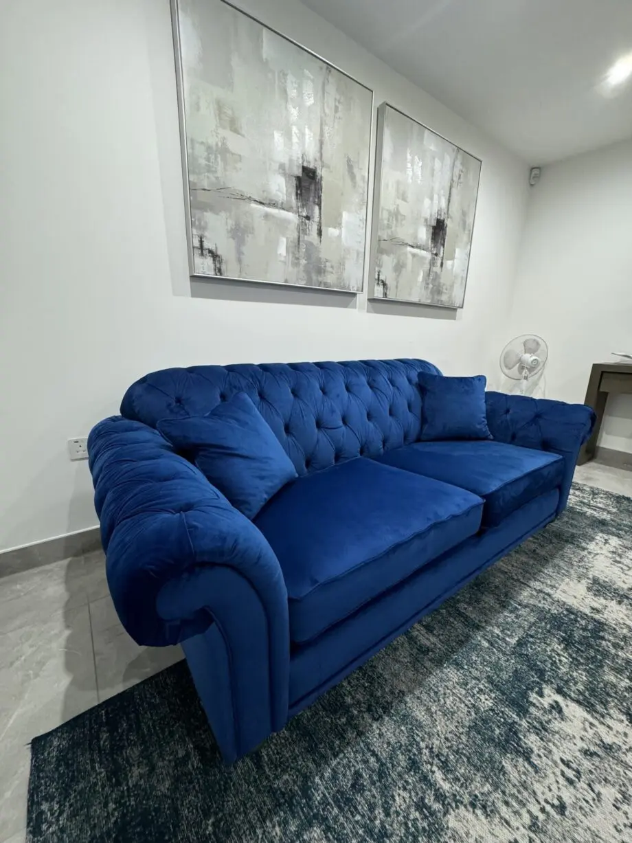 Costco Bordeaux Button Back Velvet 3 Seater, Royal Blue
