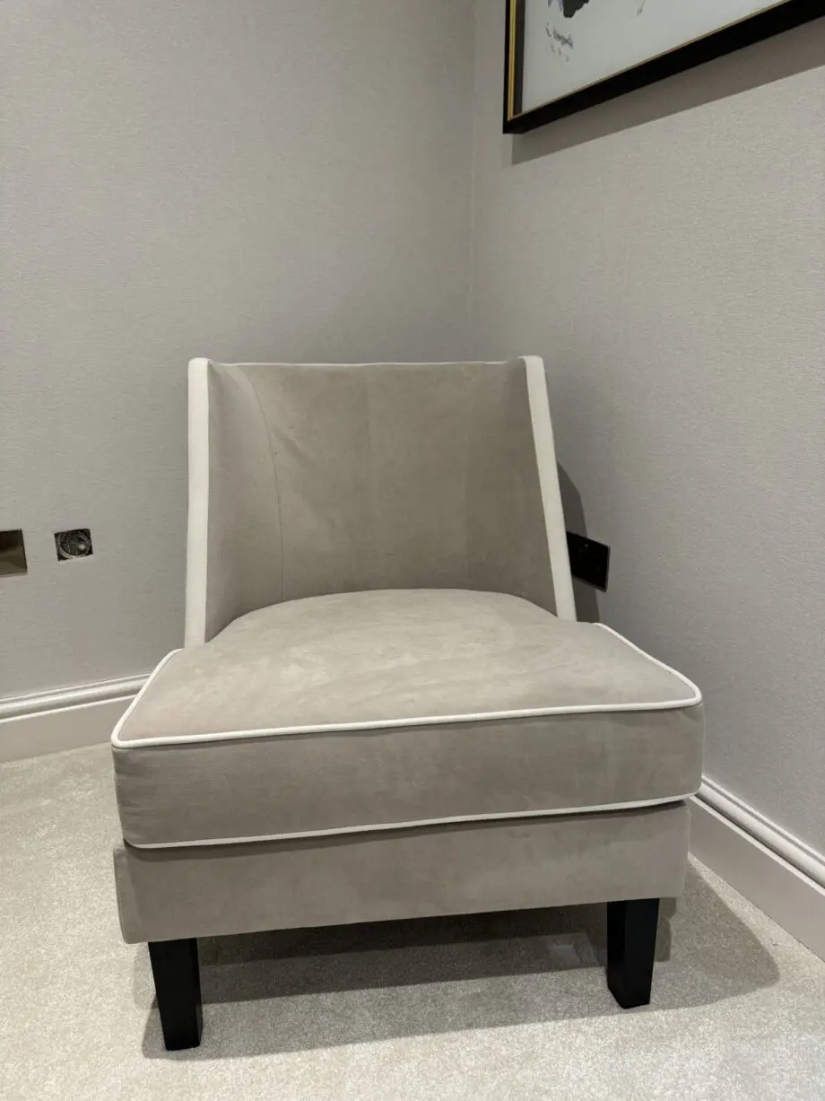 Rowen Knightsbridge mink velvet accent chair with cream piping