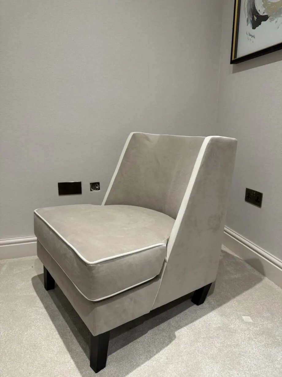 Rowen Knightsbridge mink velvet accent chair with cream piping