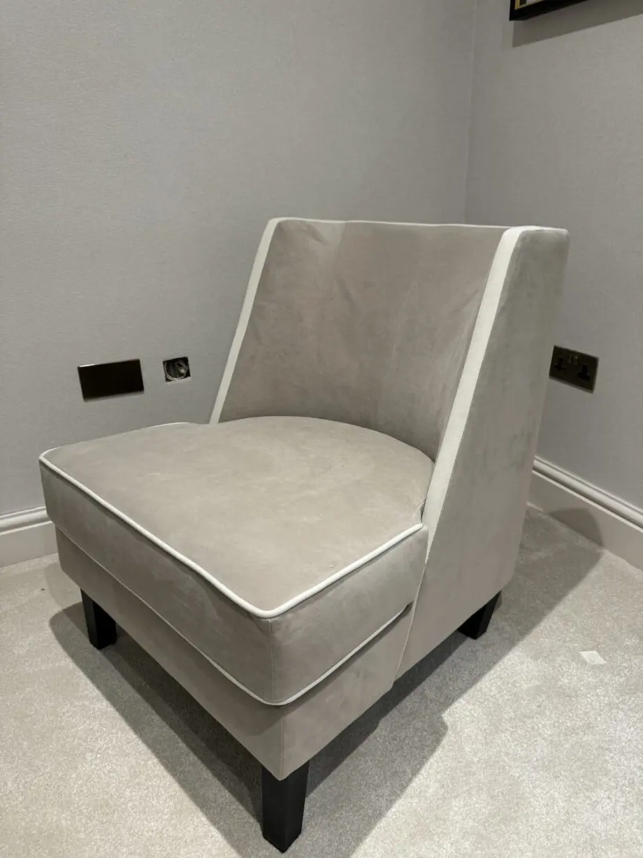 Rowen Knightsbridge mink velvet accent chair with cream piping