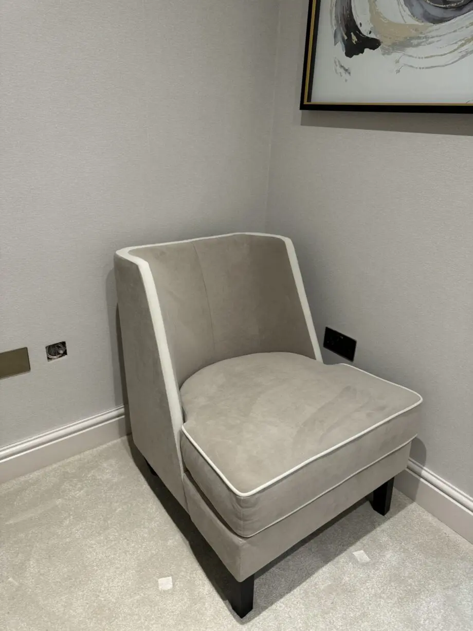 Rowen Knightsbridge mink velvet accent chair with cream piping