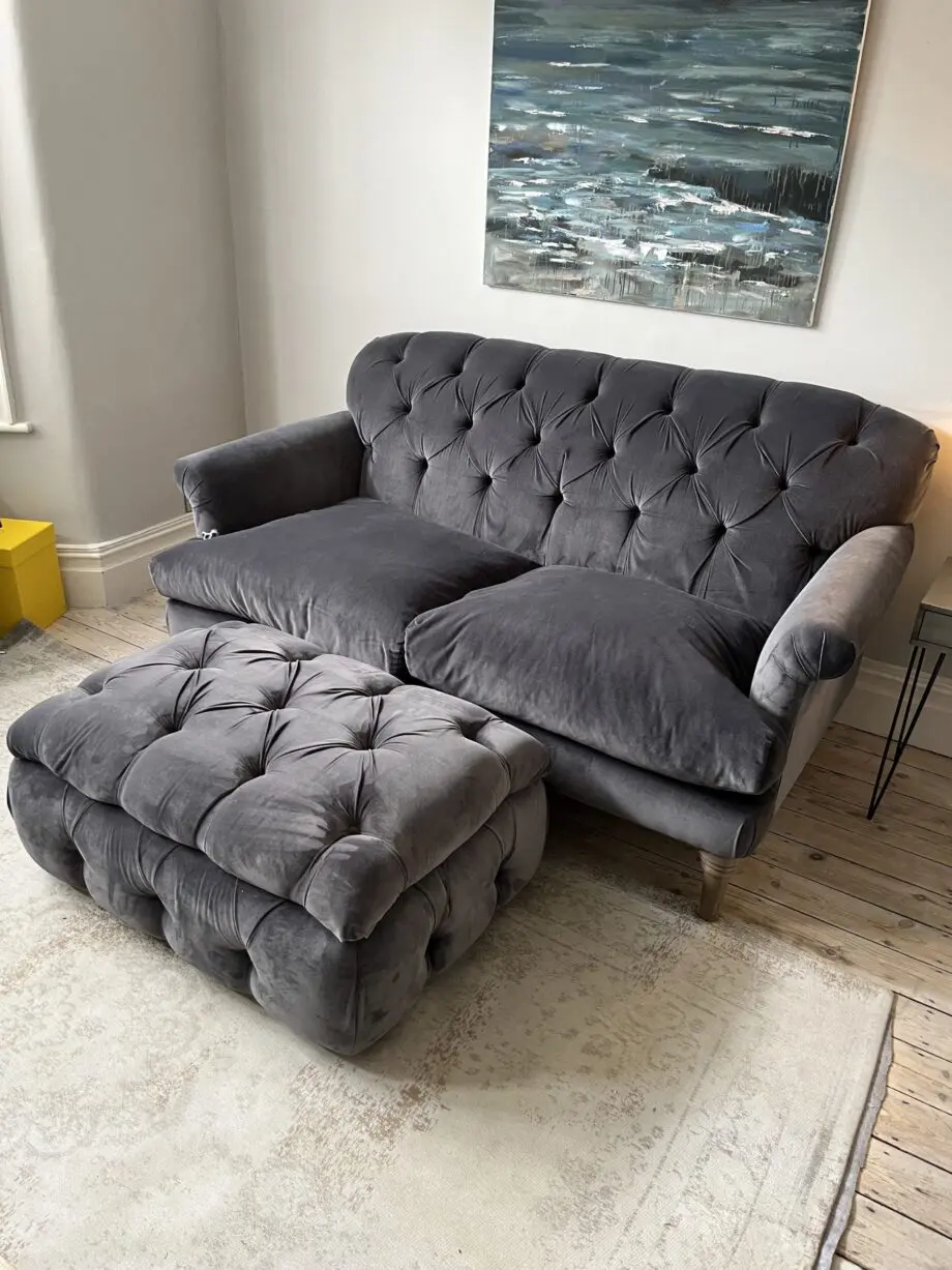 Loaf Truffle Sofa 3 Seater Medium in Steel Clever Velvet with Footstool