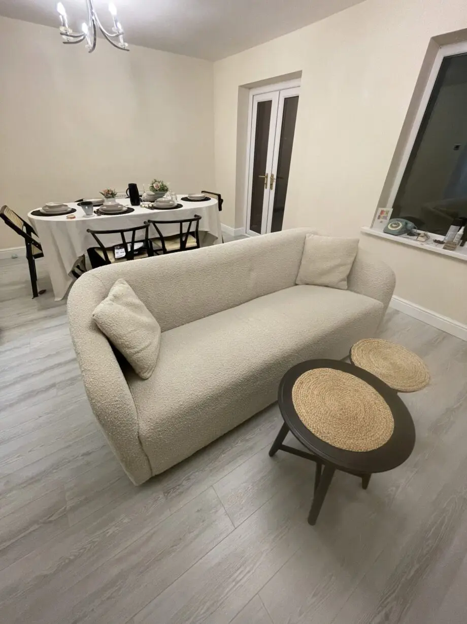 Modern Cream Boucle Fabric 3 Seater Curved Tub Sofa