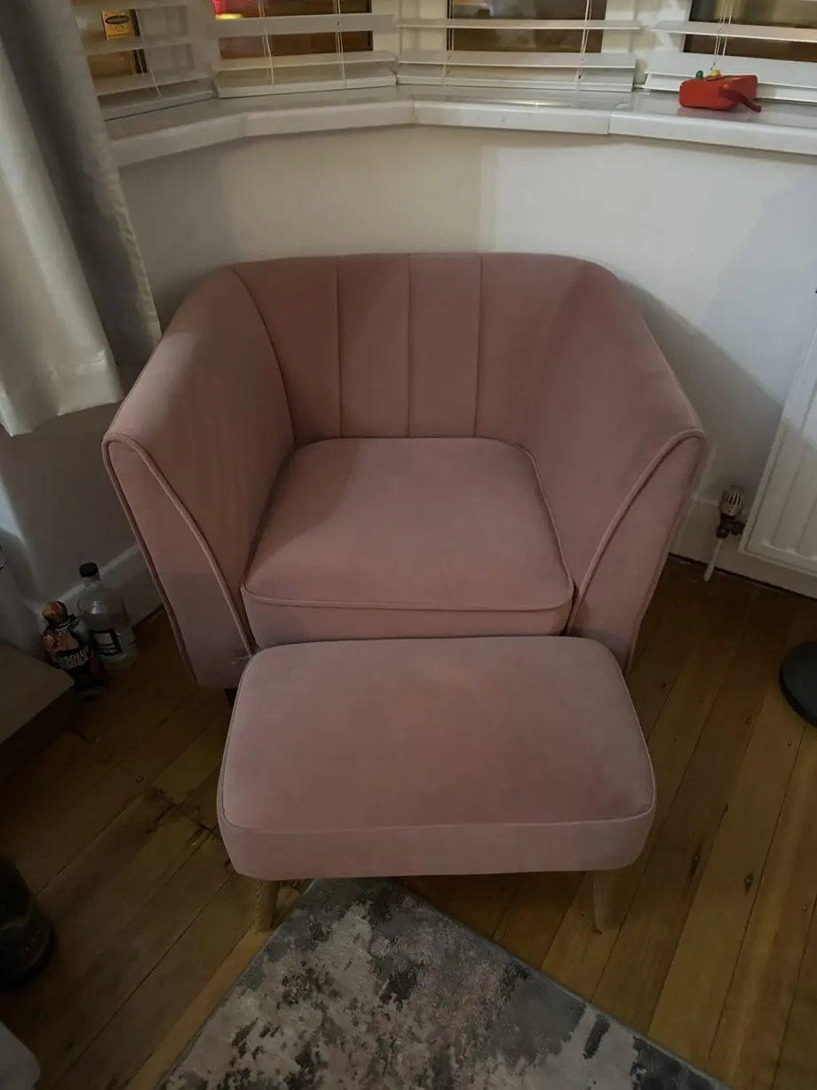 Marks and Spencer ‘Lille’ x2 3 seater sofas, chair and footstool, all dusty pink.