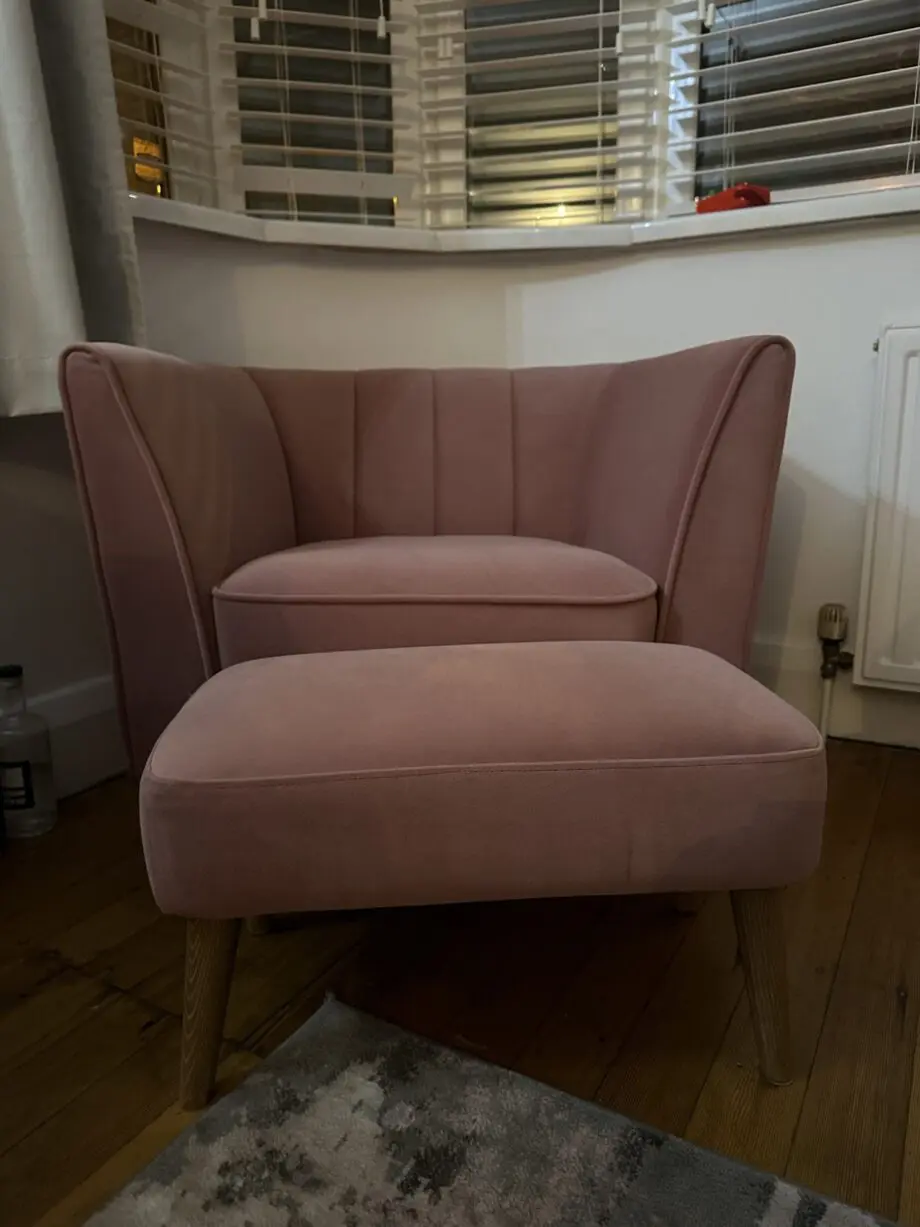 Marks and Spencer ‘Lille’ x2 3 seater sofas, chair and footstool, all dusty pink.