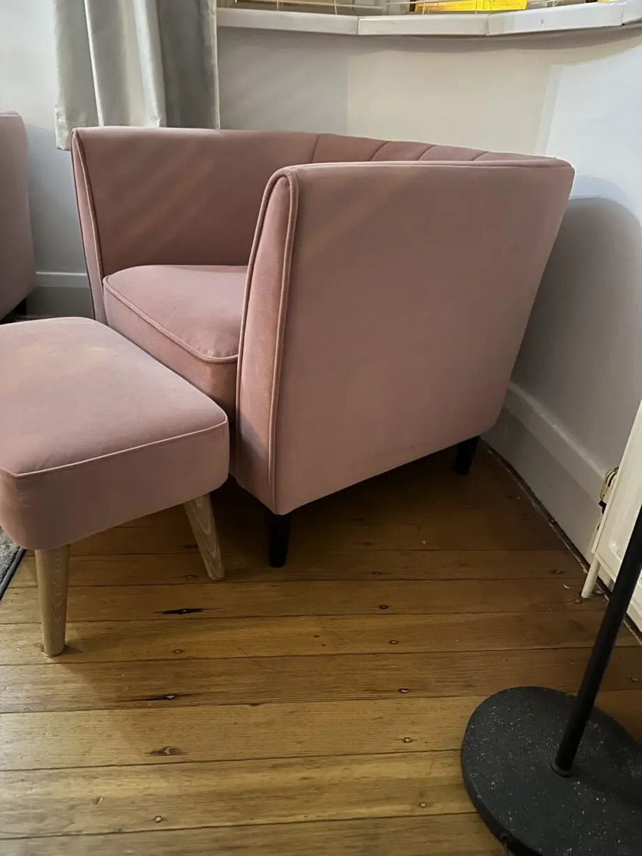 Marks and Spencer ‘Lille’ x2 3 seater sofas, chair and footstool, all dusty pink.