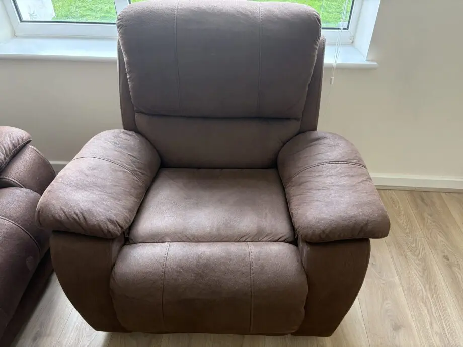 Harvey’s Brown suede recliner sofa and chair