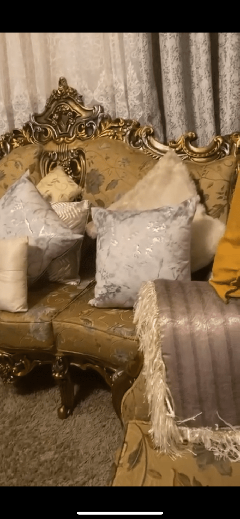 Elegant Antique Gold 3-Seat Sofa with Exquisite Carved Frame and Matching Set of 4 Chairs.