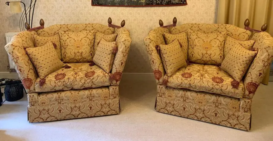 David Gundry Manhattan Minor Knole Sofa and 2 Love Chairs in Ottoman Spice gold fabric