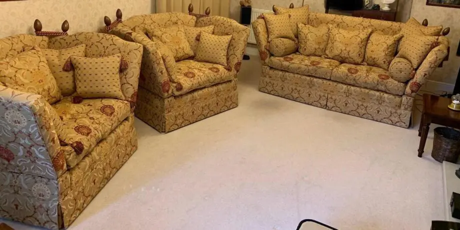 David Gundry Manhattan Minor Knole Sofa and 2 Love Chairs in Ottoman Spice gold fabric