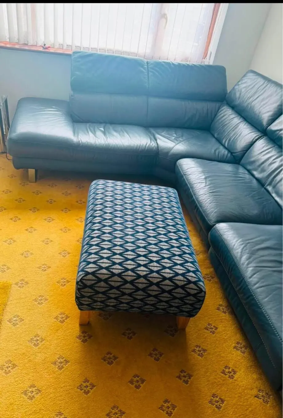DFS Blue Real leather cornor Sofa with 10 year frame warranty remaining.
