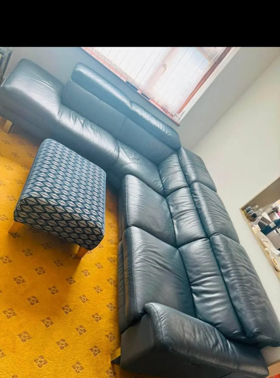 DFS Blue Real leather cornor Sofa with 10 year frame warranty remaining.