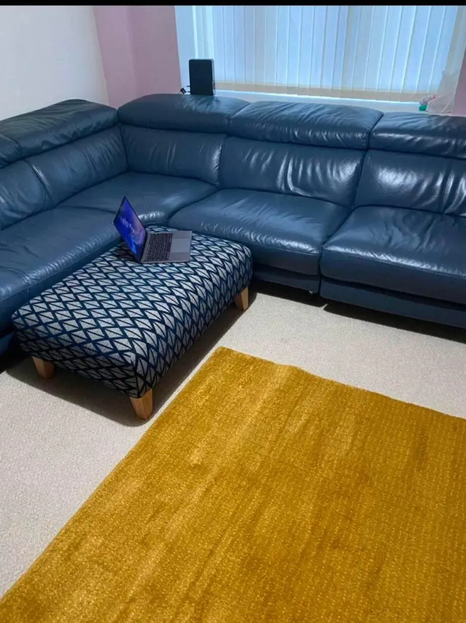 DFS Blue Real leather cornor Sofa with 10 year frame warranty remaining.