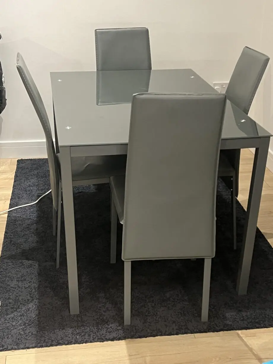 Sofa - colour sage, dining table with 4 chairs - grey, sofa bed - grey, footstool