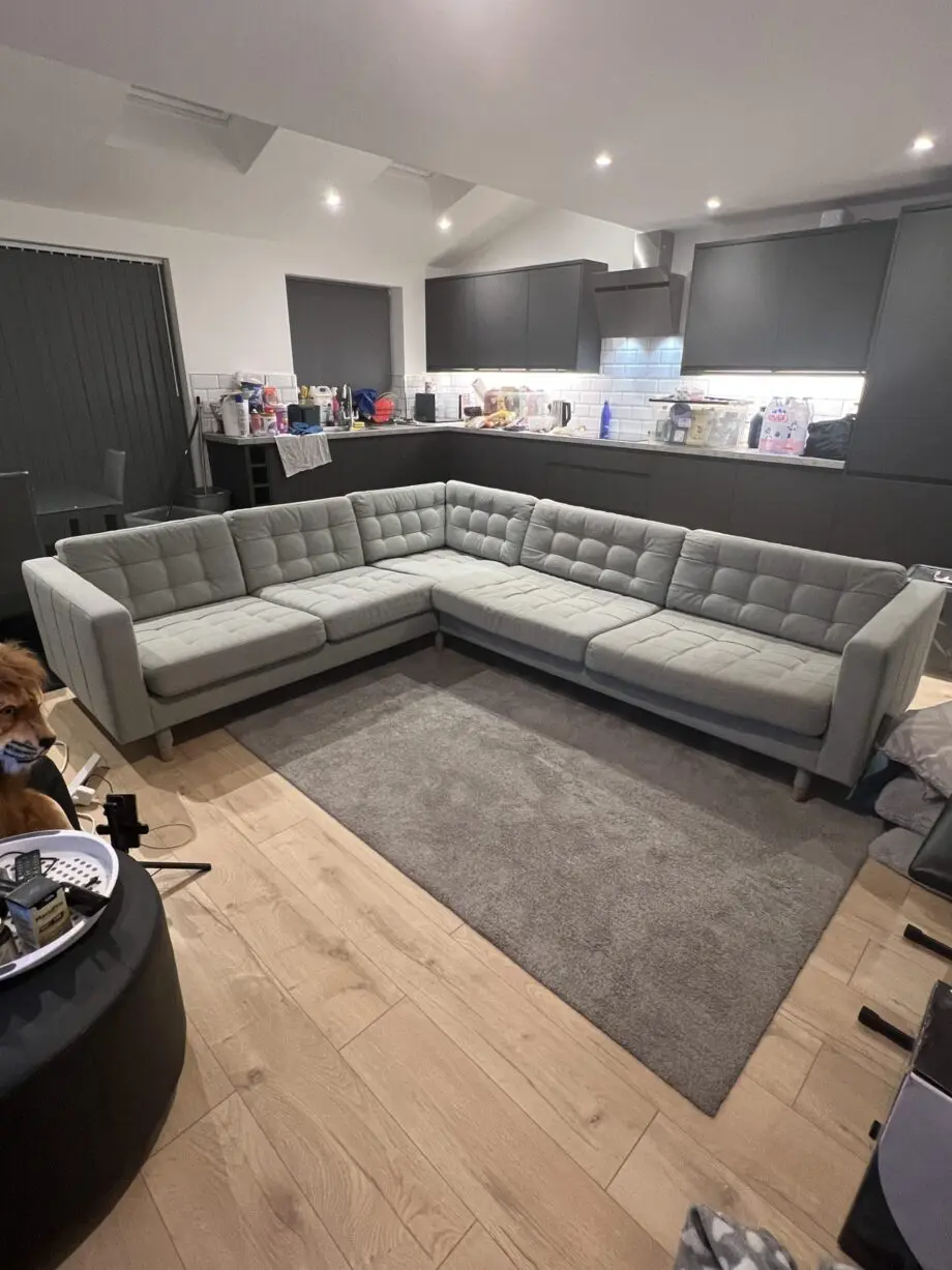 Sofa - colour sage, dining table with 4 chairs - grey, sofa bed - grey, footstool