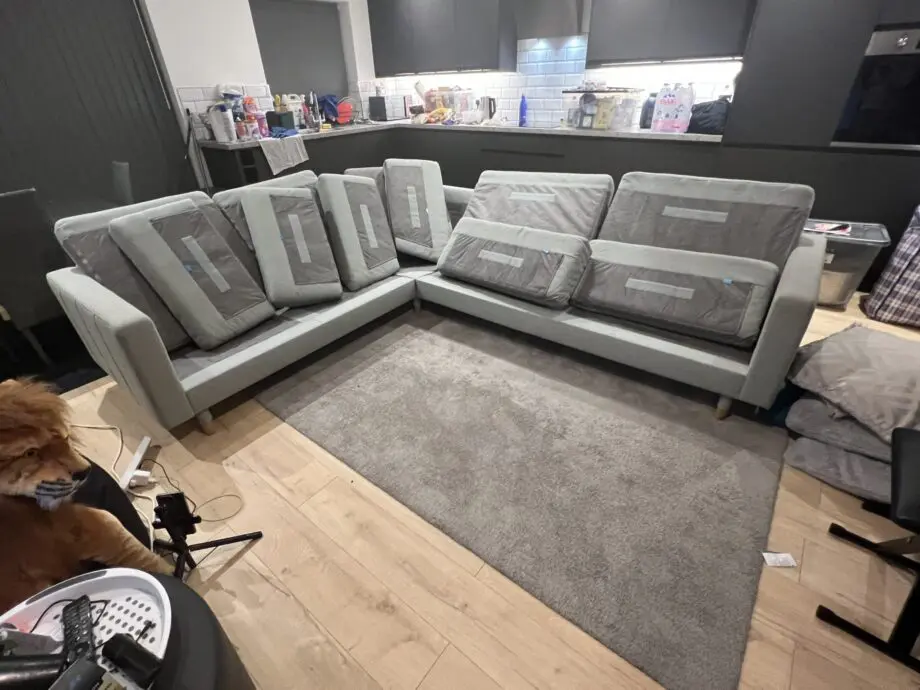 Sofa - colour sage, dining table with 4 chairs - grey, sofa bed - grey, footstool