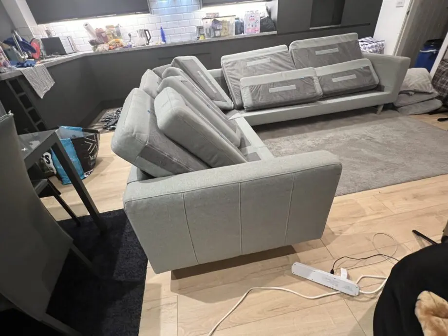Sofa - colour sage, dining table with 4 chairs - grey, sofa bed - grey, footstool